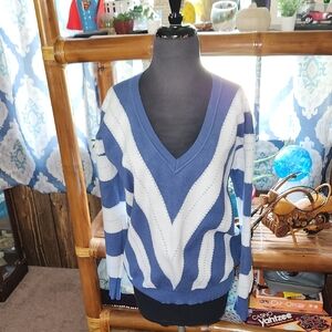 Elegant Blue and White V-Neck Sweater